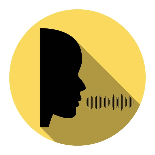 Des gens qui parlent ou chantent. Vecteur. Icône noire plate avec ombre plate sur cercle jaune royal avec fond blanc. Isolé . — Image vectorielle