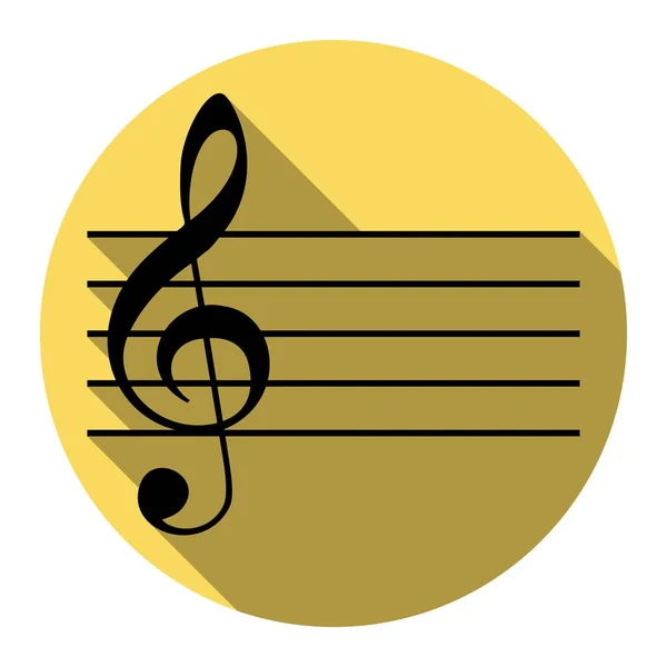 Signo de violino de música. G-clef. Vector. Ícone preto plano com sombra plana no círculo amarelo real com fundo branco. Isolados . — Vetor de Stock
