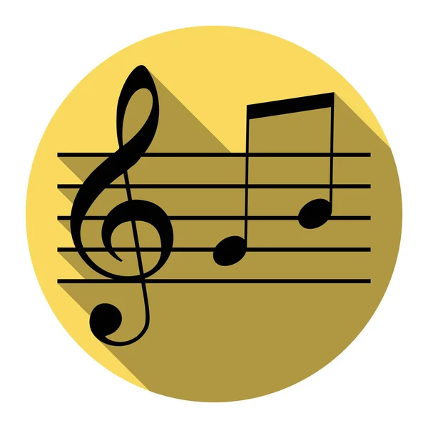 Signo de violino de música. G-clef e notas G, H. Vector. Ícone preto plano com sombra plana no círculo amarelo real com fundo branco. Isolados . — Vetor de Stock