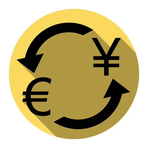 Σύμβολο νομίσματος ανταλλαγής. Ευρώ και γιεν Ιαπωνίας. Διάνυσμα. Επίπεδη μαύρο εικονίδιο με επίπεδη σκιά στο Βασιλικό κίτρινο κύκλο με λευκό φόντο. Απομονωμένη. — Διανυσματικό Αρχείο