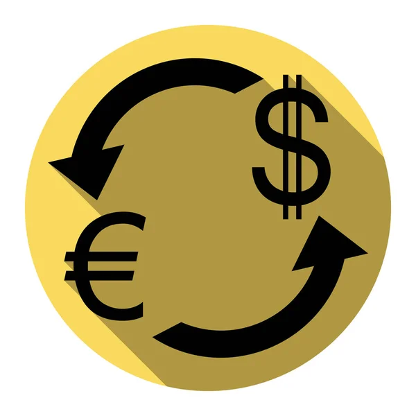 货币汇率的标志。欧元和美元。矢量。平面的黑色图标，带上白色背景皇家黄色圆扁阴影。分离. — 图库矢量图片