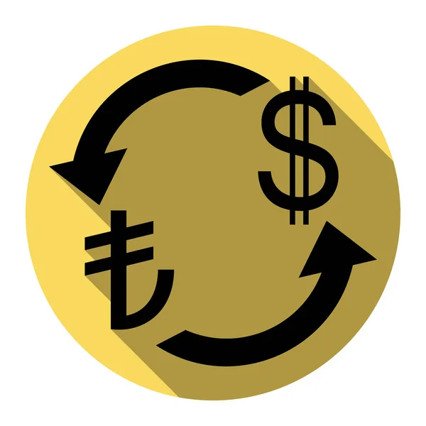 Знак обмена валюты. Индейка Лира и доллар США. Вектор. Плоская черная икона с плоской тенью на королевском желтом круге с белым фоном. Isolated . — стоковый вектор
