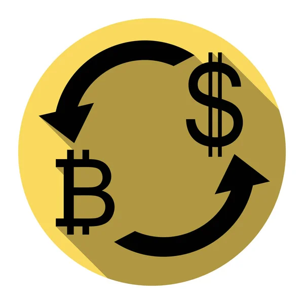 Signo de cambio de divisas. Bitcoin y dólar estadounidense. Vector. Icono plano negro con sombra plana en círculo amarillo real con fondo blanco. Aislado . — Vector de stock