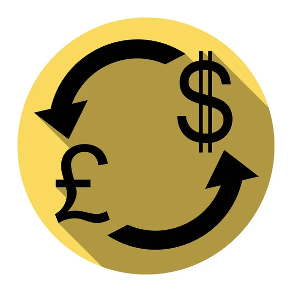 Valutaväxling, sign. Storbritannien: Pund och amerikanska Dollar. Vektor. Platt svart ikon med platt skugga på royal gul cirkel med vit bakgrund. Isolerade. — Stock vektor
