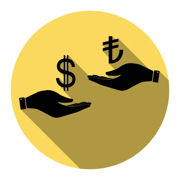 Currency exchange from hand to hand. Dollar and Turkey Lira. Vector. Flat black icon with flat shadow on royal yellow circle with white background. Isolated. — Stock Vector