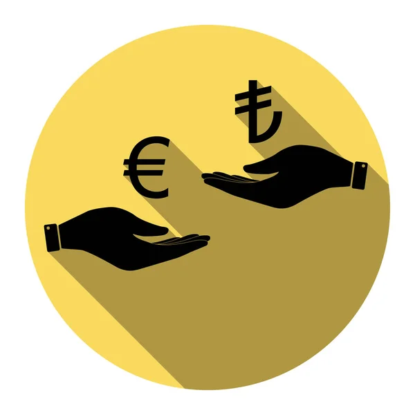 Change de devises de main en main. Euro et Lira. Vecteur. Icône noire plate avec ombre plate sur cercle jaune royal avec fond blanc. Isolé . — Image vectorielle