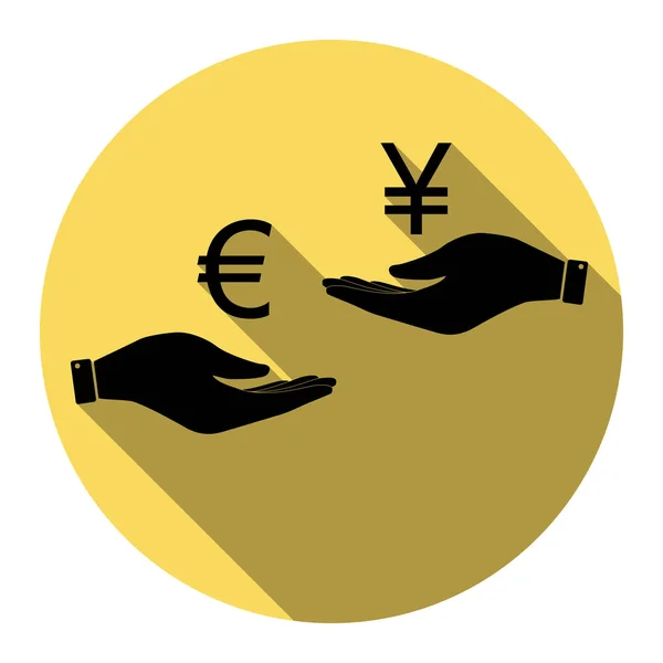 Change de devises de main en main. Euro et Yen. Vecteur. Icône noire plate avec ombre plate sur cercle jaune royal avec fond blanc. Isolé . — Image vectorielle