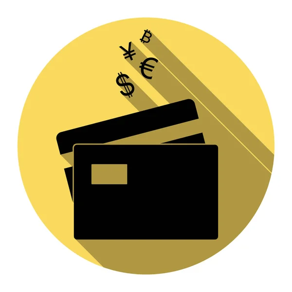 Πιστωτικές κάρτες συνδεθείτε με σύμβολα νομισμάτων. Διάνυσμα. Επίπεδη μαύρο εικονίδιο με επίπεδη σκιά στο Βασιλικό κίτρινο κύκλο με λευκό φόντο. Απομονωμένη. — Διανυσματικό Αρχείο