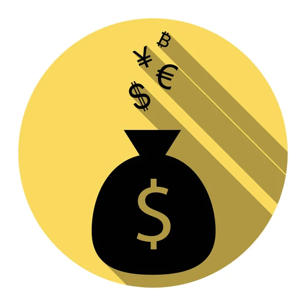 Pengar väska skylt med valutasymboler. Vektor. Platt svart ikon med platt skugga på royal gul cirkel med vit bakgrund. Isolerade. — Stock vektor
