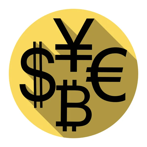 Коллекционный доллар, евро, биткойн, иена. Вектор. Плоская черная икона с плоской тенью на королевском желтом круге с белым фоном. Isolated . — стоковый вектор