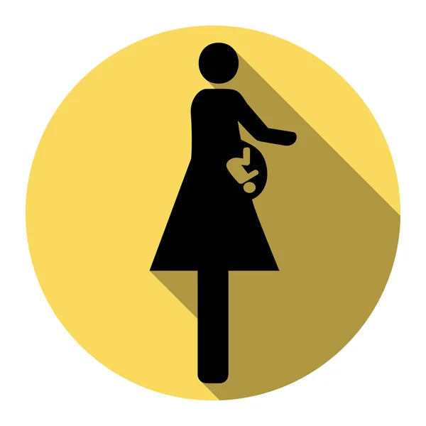 Женщины и знак ребенка. Вектор. Плоская черная икона с плоской тенью на королевском желтом круге с белым фоном. Isolated . — стоковый вектор