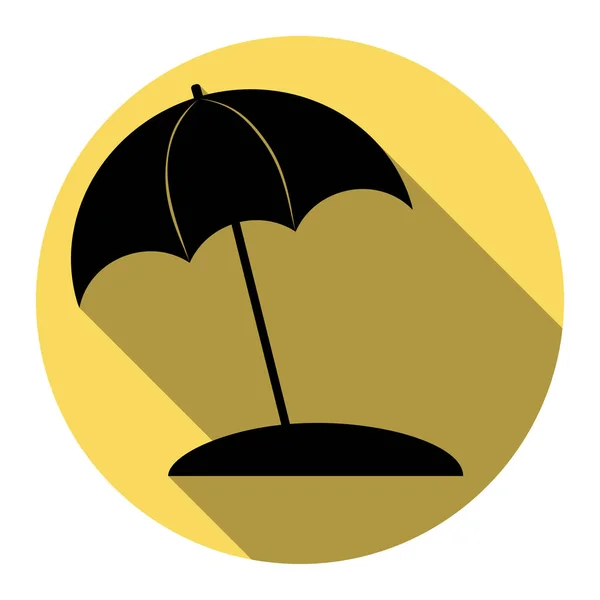 우산 및 sun 안락 기호입니다. 벡터입니다. 흰색 배경으로 로얄 노란색 동그라미에 평면 그림자와 평면 블랙 아이콘. 절연. — 스톡 벡터
