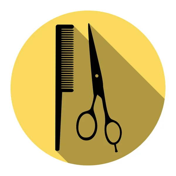 Barber shop sign. Vector. Flat black icon with flat shadow on royal yellow circle with white background. Isolated. — Stock Vector