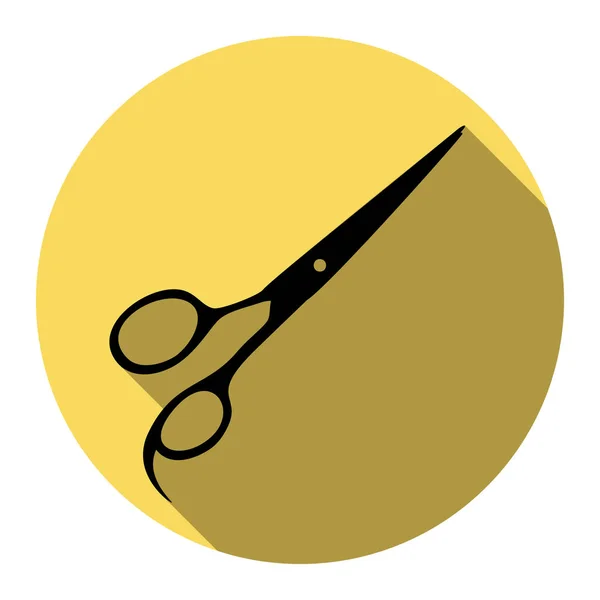 Señal de tijeras para cortar el pelo. Vector. Icono plano negro con sombra plana en círculo amarillo real con fondo blanco. Aislado . — Archivo Imágenes Vectoriales