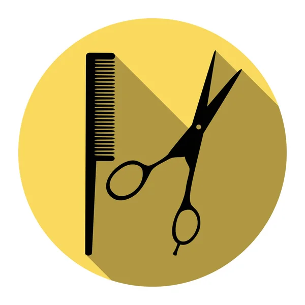 Barber shop sign. Vector. Flat black icon with flat shadow on royal yellow circle with white background. Isolated. — Stock Vector