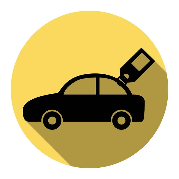 Panneau de voiture avec étiquette. Vecteur. Icône noire plate avec ombre plate sur cercle jaune royal avec fond blanc. Isolé . — Image vectorielle