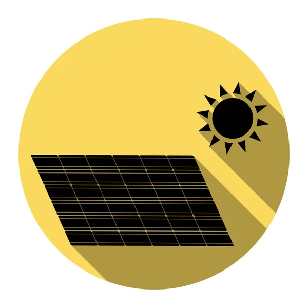 Panneau d'énergie solaire. Eco tendance concept signe. Vecteur. Icône noire plate avec ombre plate sur cercle jaune royal avec fond blanc. Isolé . — Image vectorielle