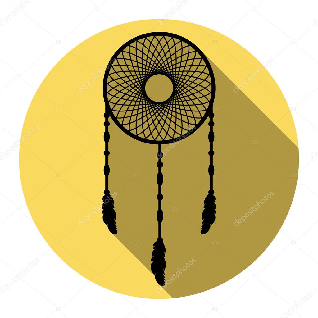 Dream catcher sign. Vector. Flat black icon with flat shadow on royal yellow circle with white background. Isolated.