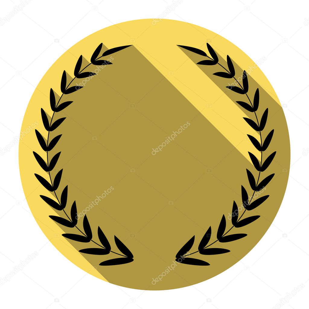 Laurel Wreath sign. Vector. Flat black icon with flat shadow on royal yellow circle with white background. Isolated.