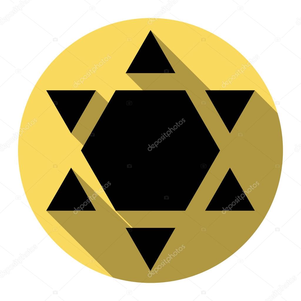 Shield Magen David Star Inverse. Symbol of Israel inverted. Vector. Flat black icon with flat shadow on royal yellow circle with white background. Isolated.