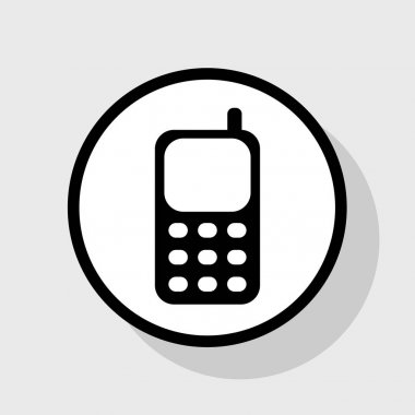 Cep telefonu işareti. Vektör. Gölgeli gri arka plan, beyaz daire içinde düz siyah simgesi.