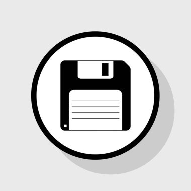 Disket işareti. Vektör. Gölgeli gri arka plan, beyaz daire içinde düz siyah simgesi.