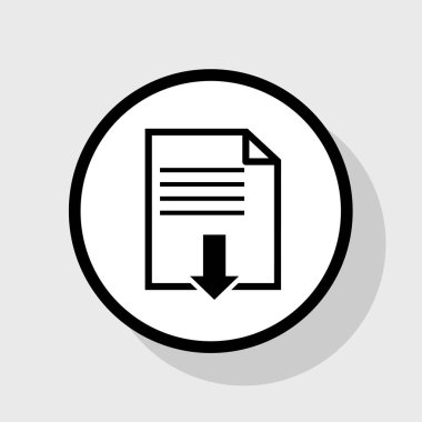 Download işareti dosya. Vektör. Gölgeli gri arka plan, beyaz daire içinde düz siyah simgesi.