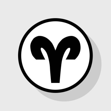 Koç illüstrasyon işareti. Vektör. Gölgeli gri arka plan, beyaz daire içinde düz siyah simgesi.