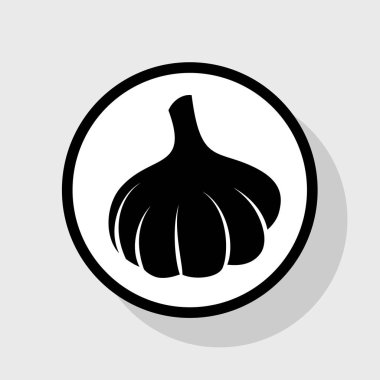 Sarımsak basit kayıt. Vektör. Gölgeli gri arka plan, beyaz daire içinde düz siyah simgesi.