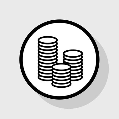 Para işareti illüstrasyon. Vektör. Gölgeli gri arka plan, beyaz daire içinde düz siyah simgesi.