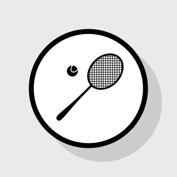 Sinal de raquete de ténis. Vector. Ícone preto plano em círculo branco com sombra no fundo cinza . — Vetor de Stock