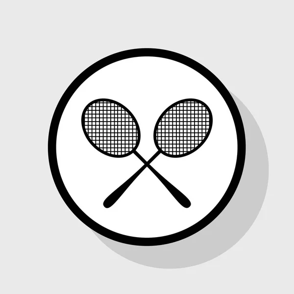 Tennisschläger unterschreiben. Vektor. flaches schwarzes Symbol in weißem Kreis mit Schatten auf grauem Hintergrund. — Stockvektor