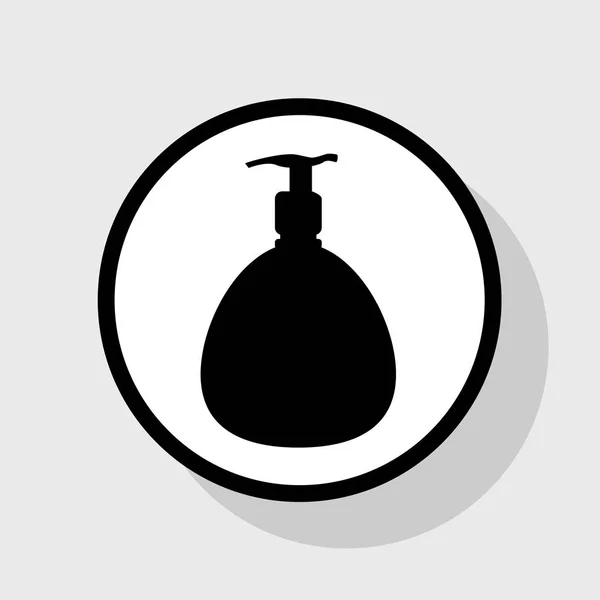 Gel, Schaum oder Flüssigseife. Spender Pumpe Kunststoffflaschensilhouette. Vektor. flaches schwarzes Symbol in weißem Kreis mit Schatten auf grauem Hintergrund. — Stockvektor