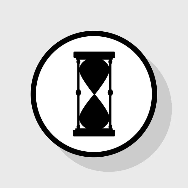 Signo de reloj de arena ilustración. Vector. Icono plano negro en círculo blanco con sombra en fondo gris . — Vector de stock