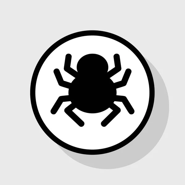 Pavouk znamení ilustrace. Vektor. Plochá černá ikona v bílém kruhu se stínem na šedém pozadí. — Stockový vektor
