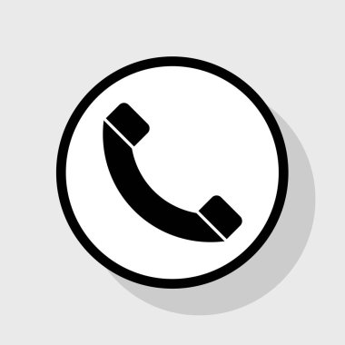 Telefon işareti illüstrasyon. Vektör. Gölgeli gri arka plan, beyaz daire içinde düz siyah simgesi.