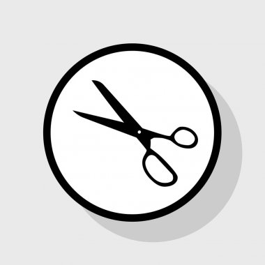 Makas illüstrasyon işareti. Vektör. Gölgeli gri arka plan, beyaz daire içinde düz siyah simgesi.