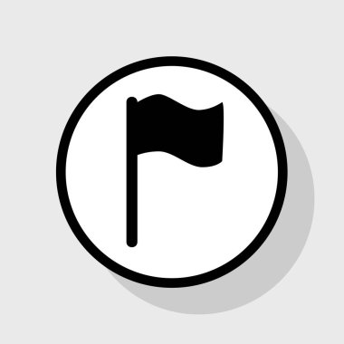 Bayrak illüstrasyon işareti. Vektör. Gölgeli gri arka plan, beyaz daire içinde düz siyah simgesi.