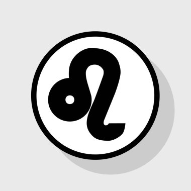 Leo işareti illüstrasyon. Vektör. Gölgeli gri arka plan, beyaz daire içinde düz siyah simgesi.