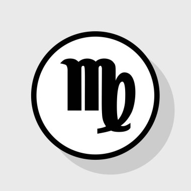 Başak işareti illüstrasyon. Vektör. Gölgeli gri arka plan, beyaz daire içinde düz siyah simgesi.