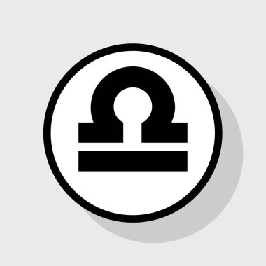 Terazi işareti illüstrasyon. Vektör. Gölgeli gri arka plan, beyaz daire içinde düz siyah simgesi.