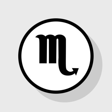 Akrep işareti illüstrasyon. Vektör. Gölgeli gri arka plan, beyaz daire içinde düz siyah simgesi.