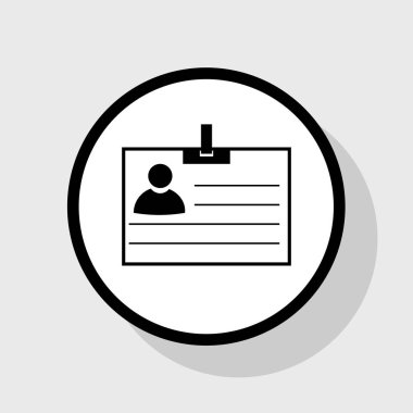 Kimlik kartı işareti. Vektör. Gölgeli gri arka plan, beyaz daire içinde düz siyah simgesi.