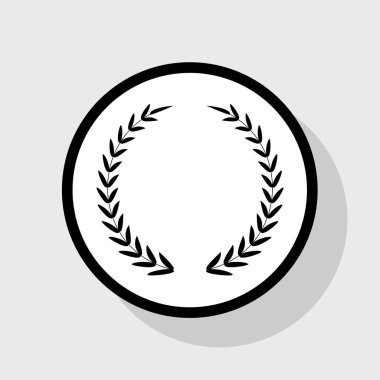 Defne çelengi işareti. Vektör. Gölgeli gri arka plan, beyaz daire içinde düz siyah simgesi.