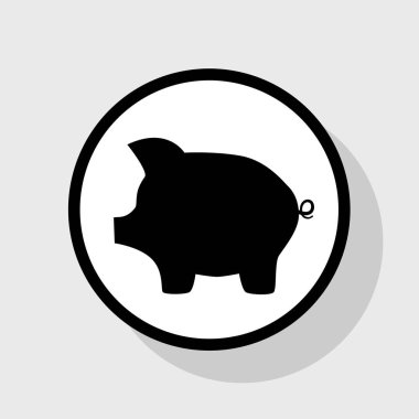 Domuz para banka işareti. Vektör. Gölgeli gri arka plan, beyaz daire içinde düz siyah simgesi.