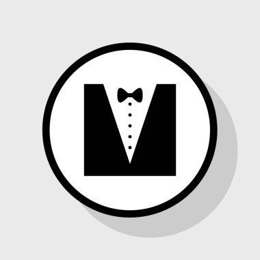 Smokin ile yay siluet. Vektör. Gölgeli gri arka plan, beyaz daire içinde düz siyah simgesi.