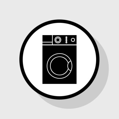 Çamaşır makinesi işareti. Vektör. Gölgeli gri arka plan, beyaz daire içinde düz siyah simgesi.