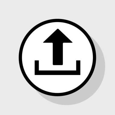 İşareti illüstrasyon yükleyin. Vektör. Gölgeli gri arka plan, beyaz daire içinde düz siyah simgesi.