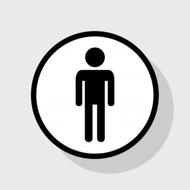 Adam işareti illüstrasyon. Vektör. Gölgeli gri arka plan, beyaz daire içinde düz siyah simgesi.