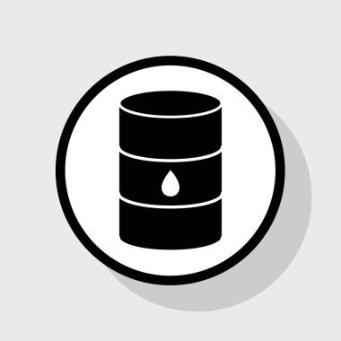 Petrol varil işaret. Vektör. Gölgeli gri arka plan, beyaz daire içinde düz siyah simgesi.